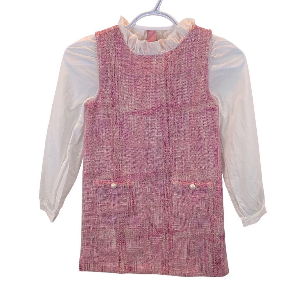 Janie and Jack sz 8 Pink Tweed Boucle Dress White Ruffle Collar Pearl Buttons